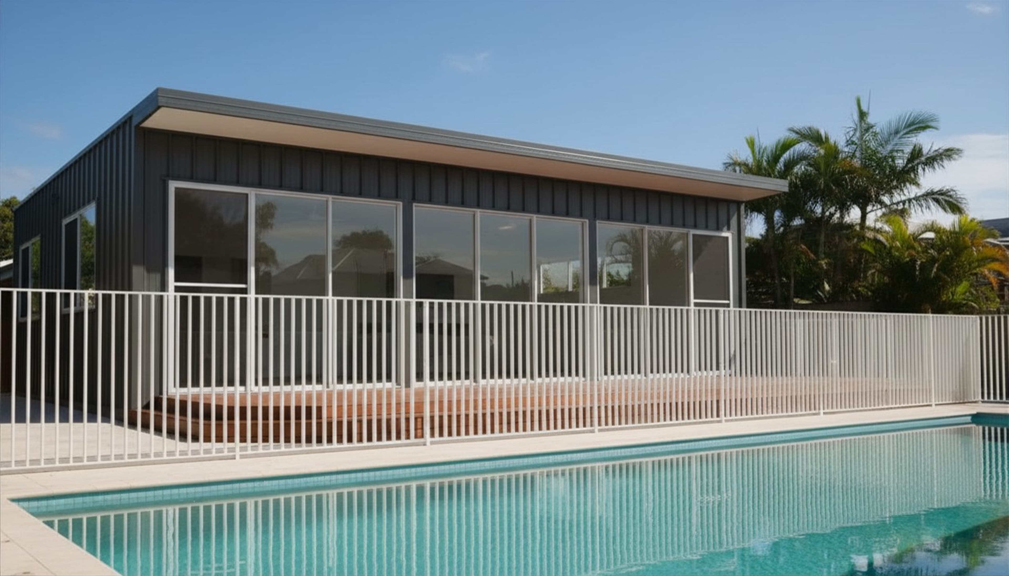 White slimline fence by a residential pool with modern home