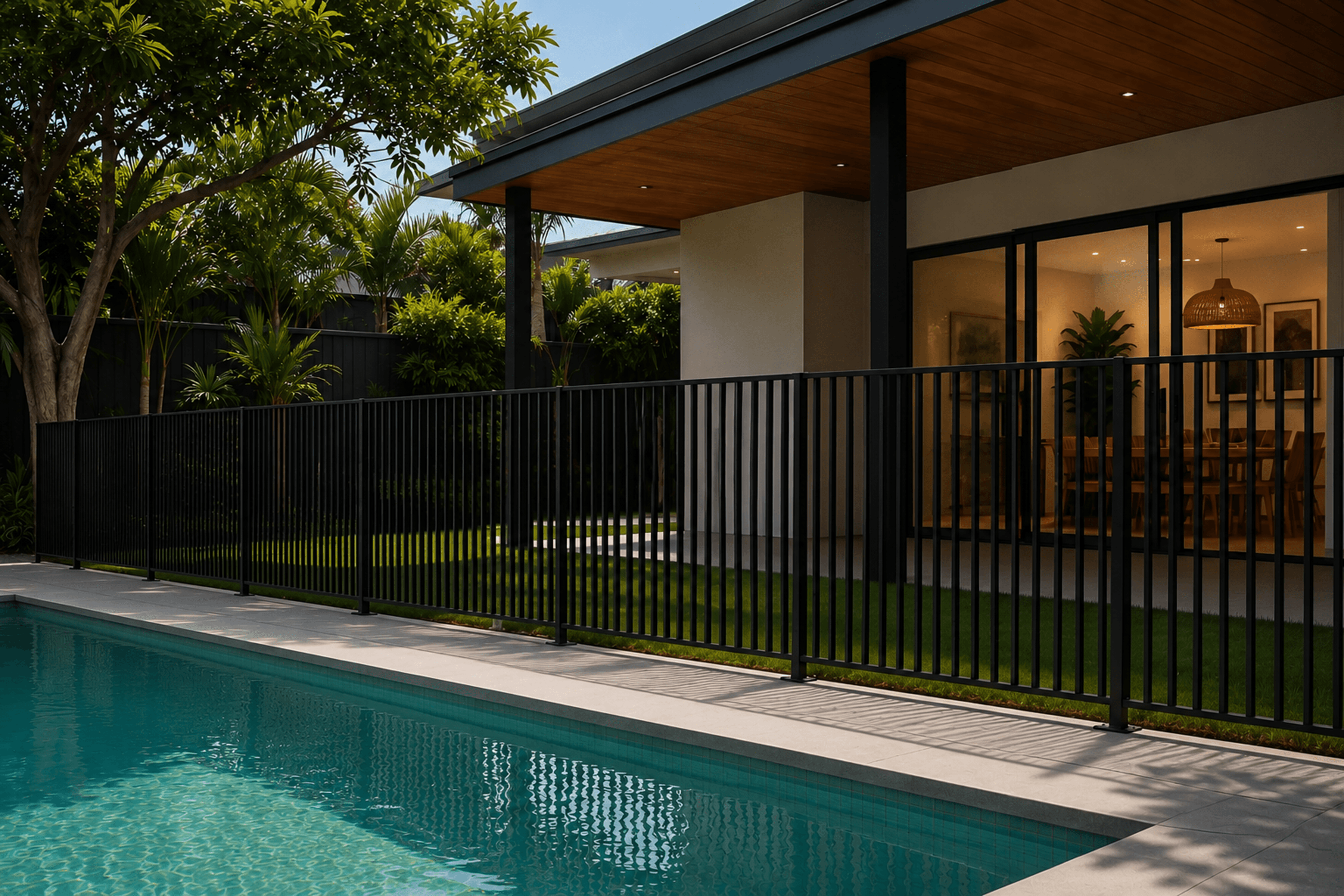 Black slimline pool fence at dusk by a modern Perth residence