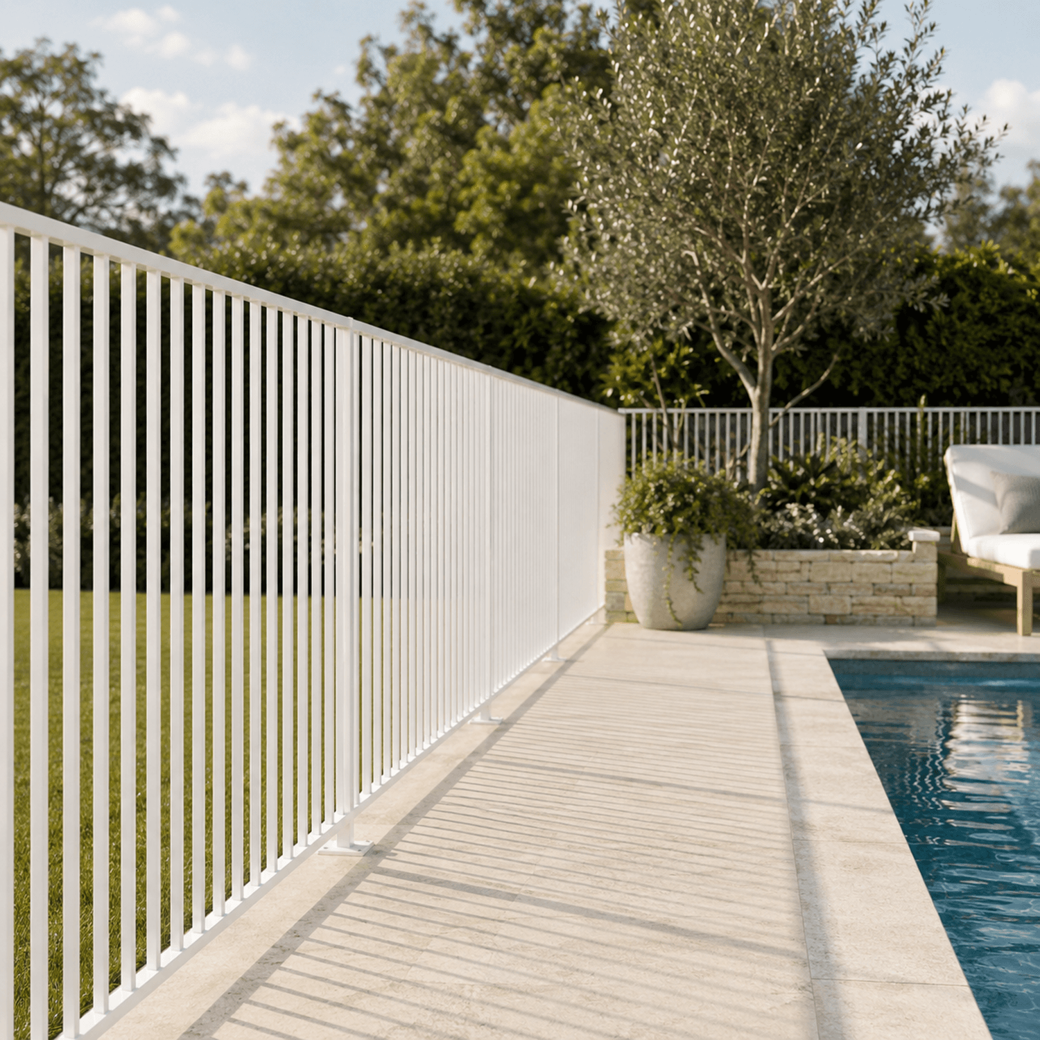 Long white slimline fence run beside a pool